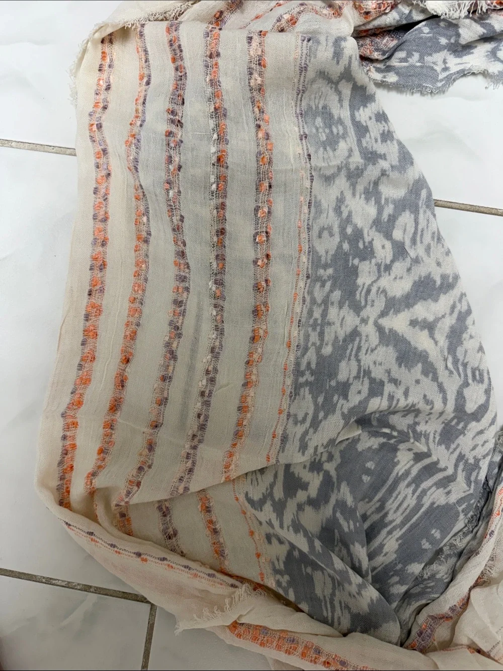 Lightweight Cream & Gray Infinity Scarf with Coral Accents